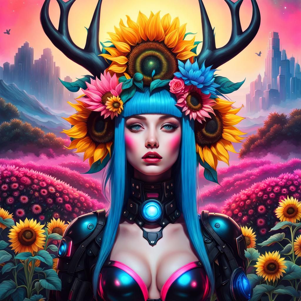 Cyberpunk sunflower dryad