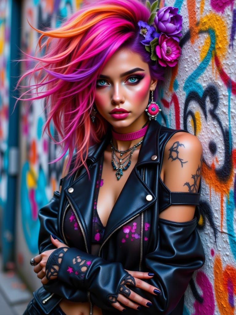 <lora:Faces of beauty:1.0> <lora:Multiple-exposure:1.0> 

mischievous fierce vibrant rebel stands against a graffiti-cov...