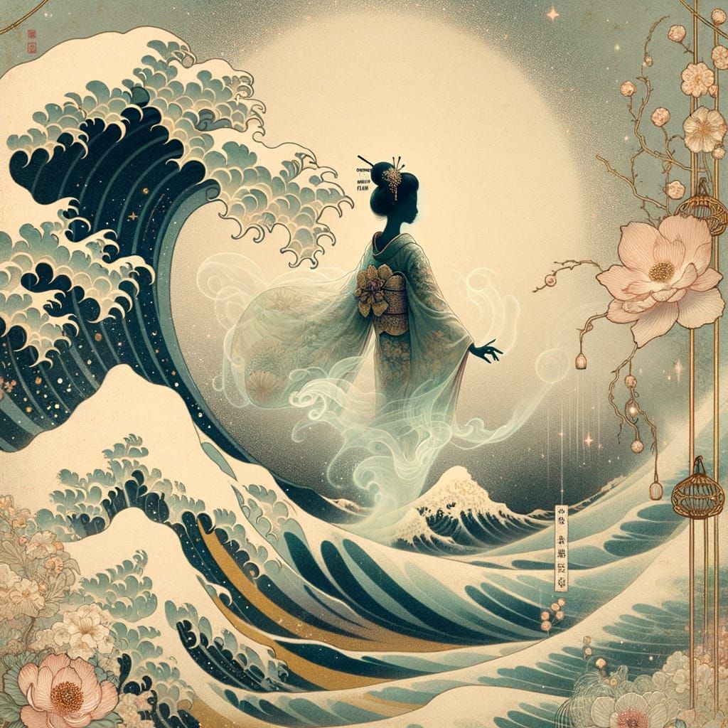 Geisha Ascending Before Tsunami in Psychedelic Art