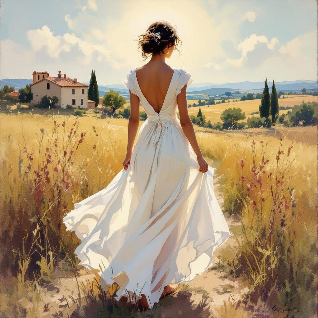 Elegant Woman in Gauze Skirt in Surreal Landscape