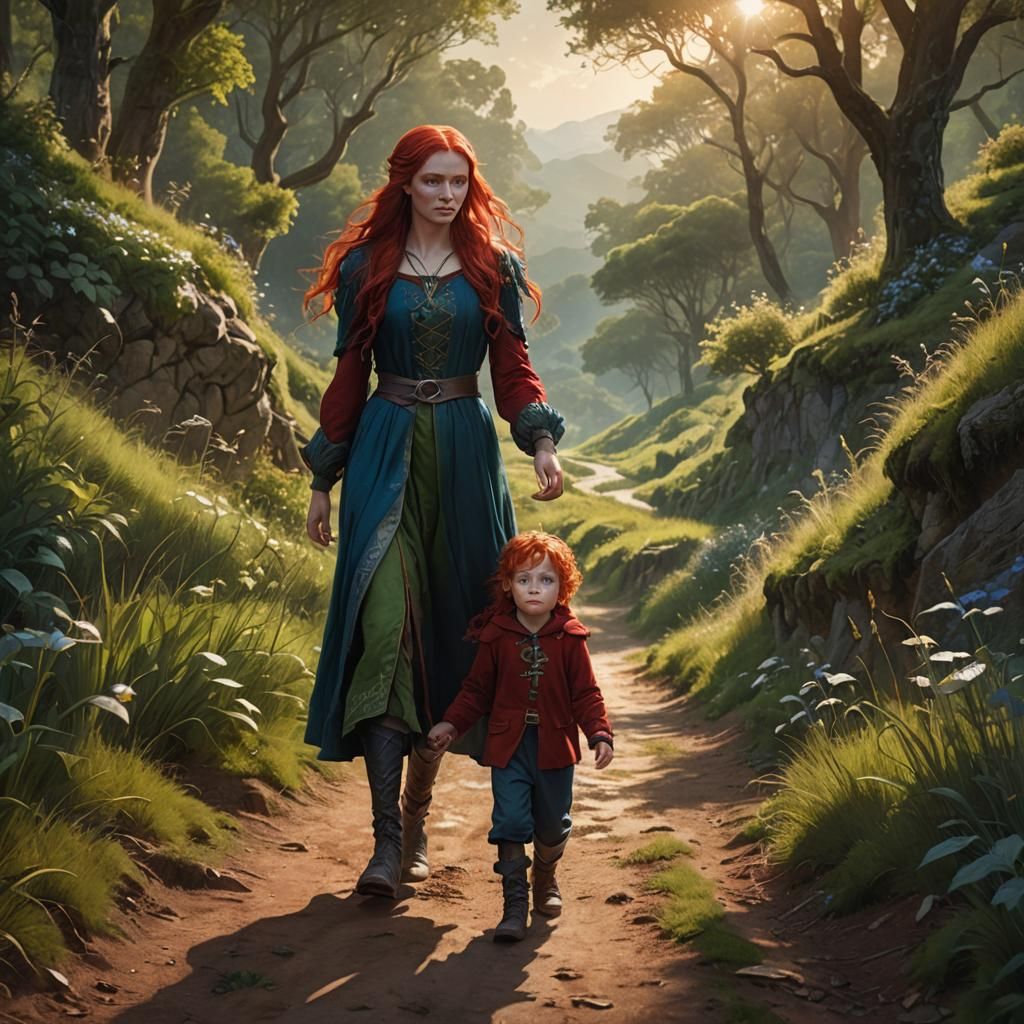 A female  child around 10 years old, with very long red hair...