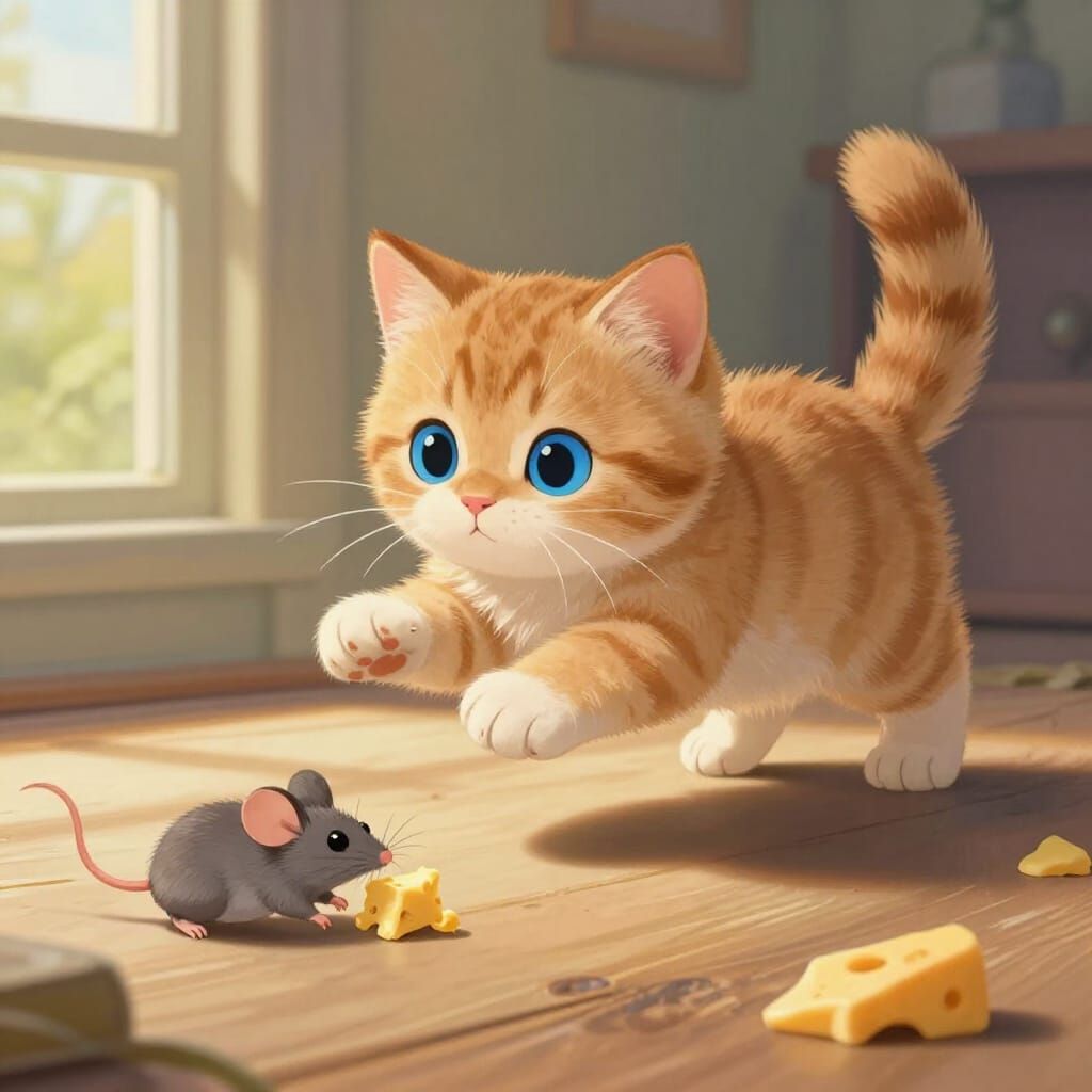 Adorable Ginger Kitten Chasing Mouse with Cheese