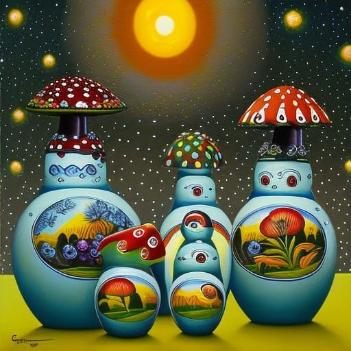Mushroom Tea Party in Russian Dolls, Oil Painting