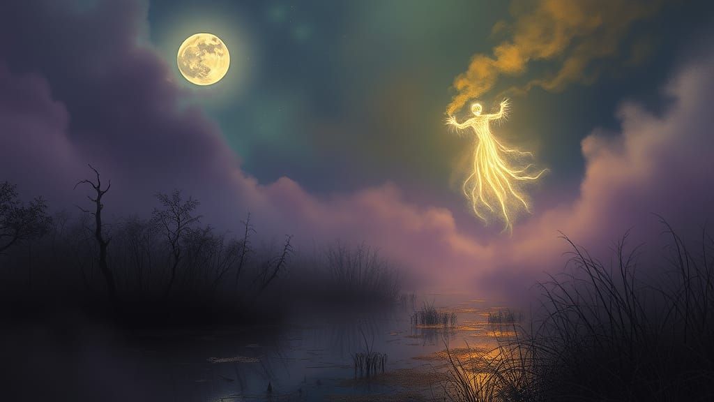 Ghostly Will-o-wisp in Dark Fantasy Landscape