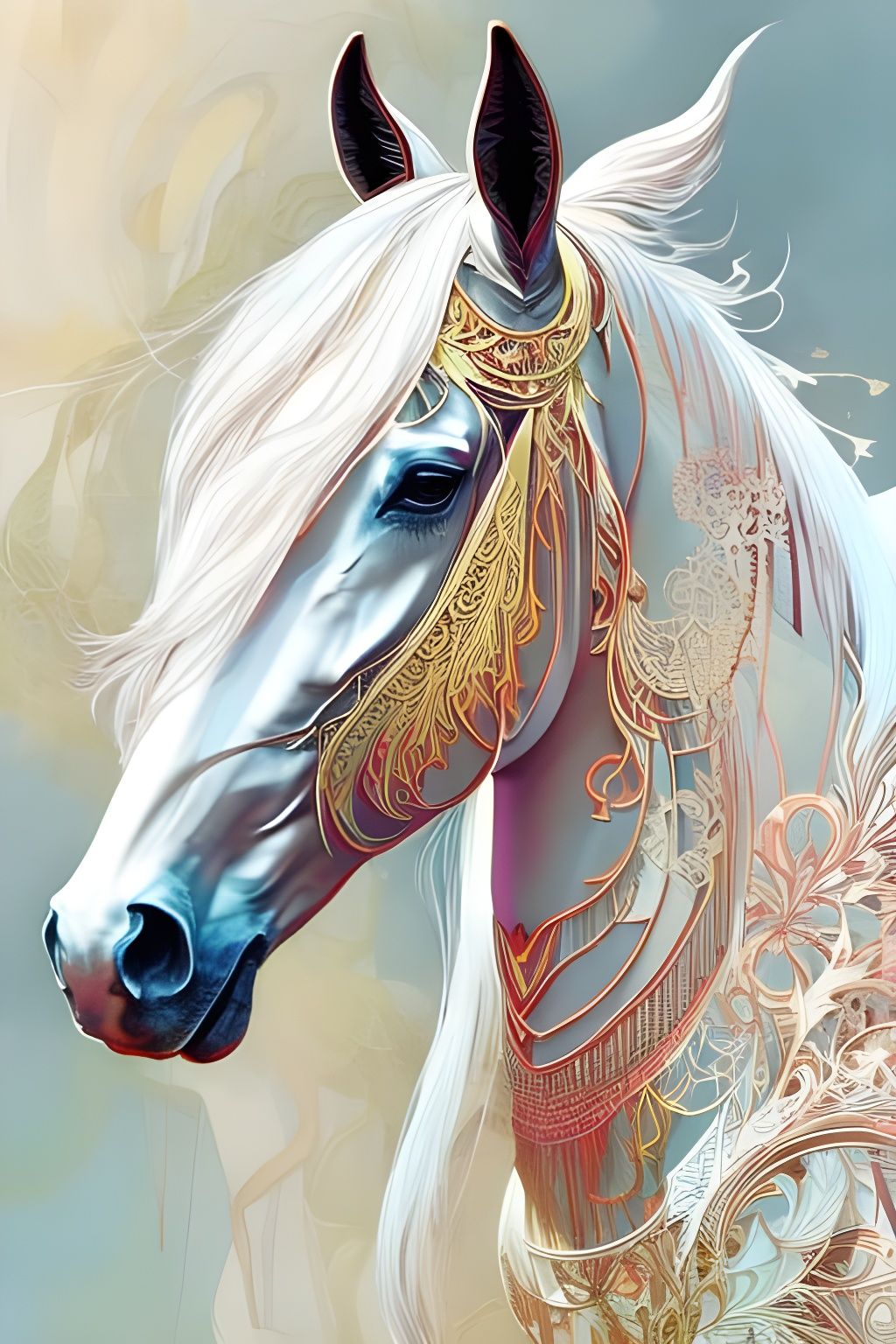 Ornate White Horse Portrait with Golden Outlines