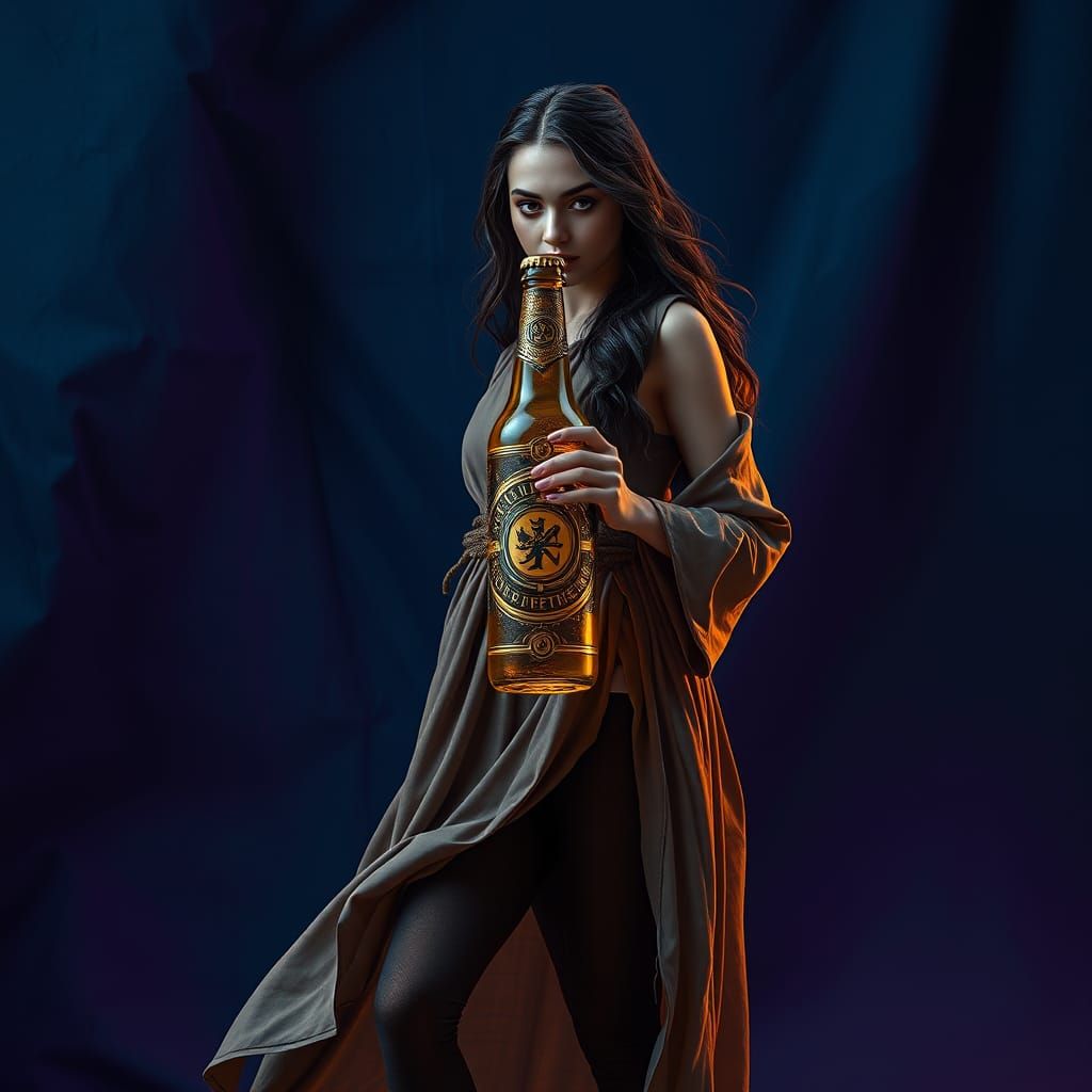 Luxurious Goddess Sipping Golden Ale in Mystic Surroundings