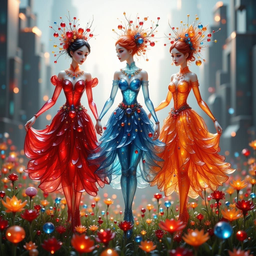 Glass Figures Dancing in Ethereal Cityscape