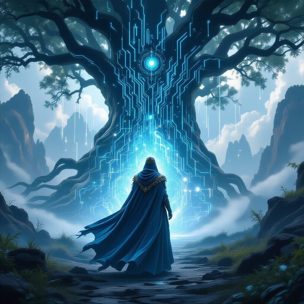 Digital Vortex Reveals Majestic Figure by Ancient Tree