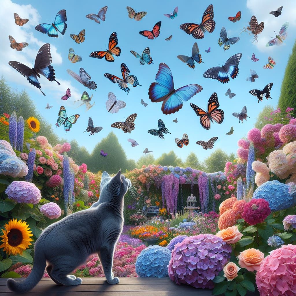Russian Blue Cat Chases Vibrant Butterflies in a Lush Garden