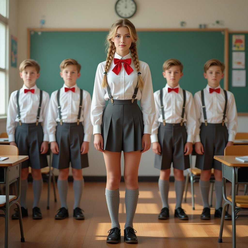 Hyperrealistic Classroom Scene with Braided Pigtails