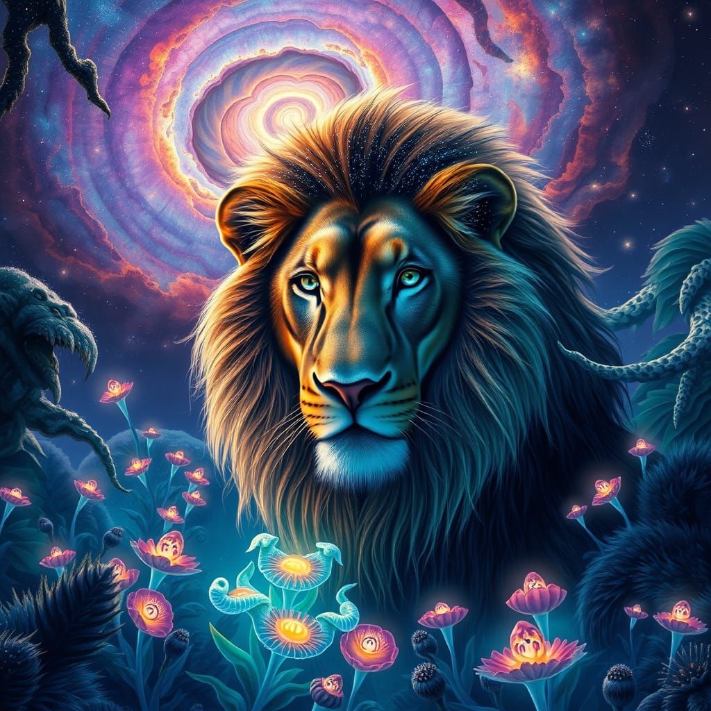 Stardust Lion in Bioluminescent Alien Jungle