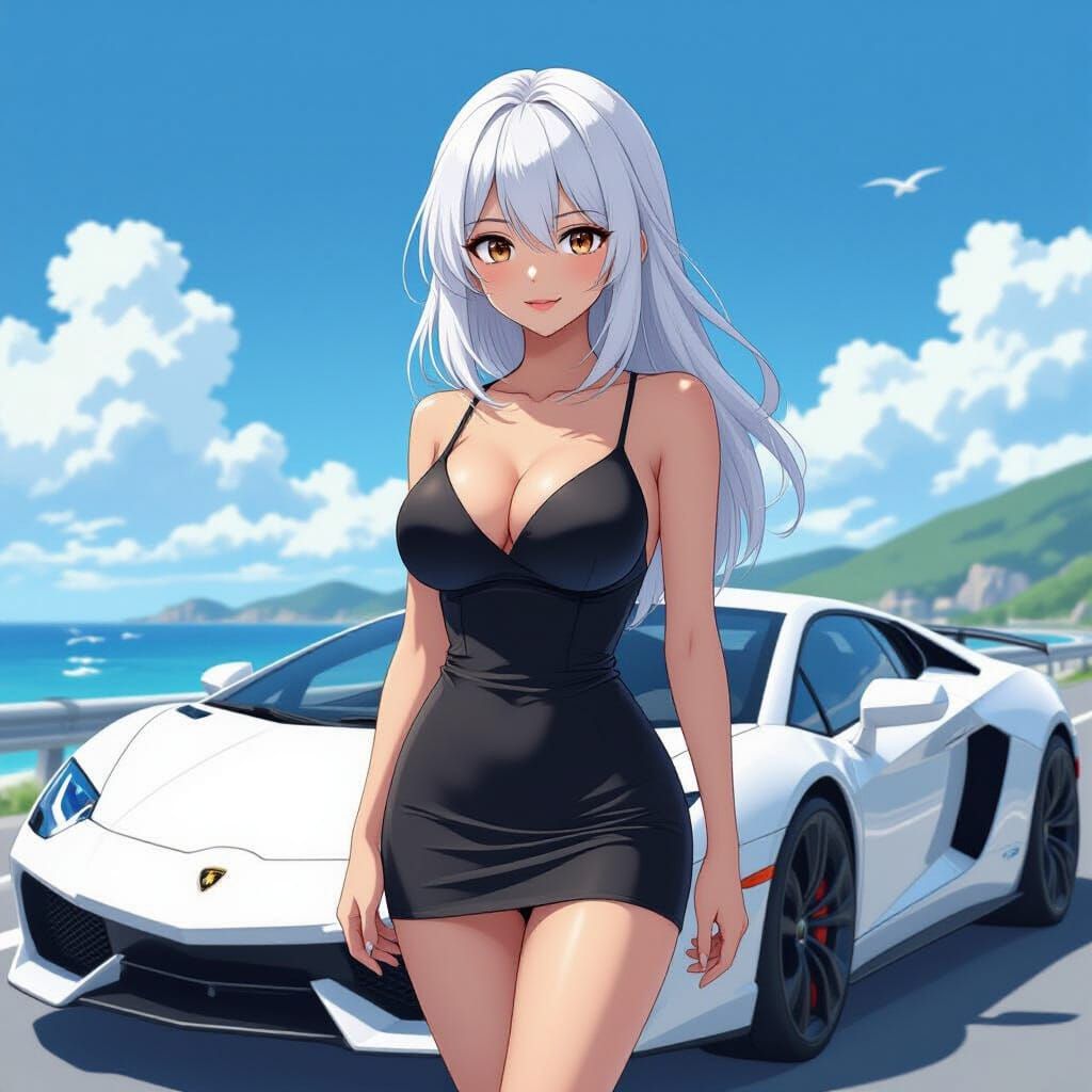 Anime Woman on Lamborghini in Vibrant Illustration