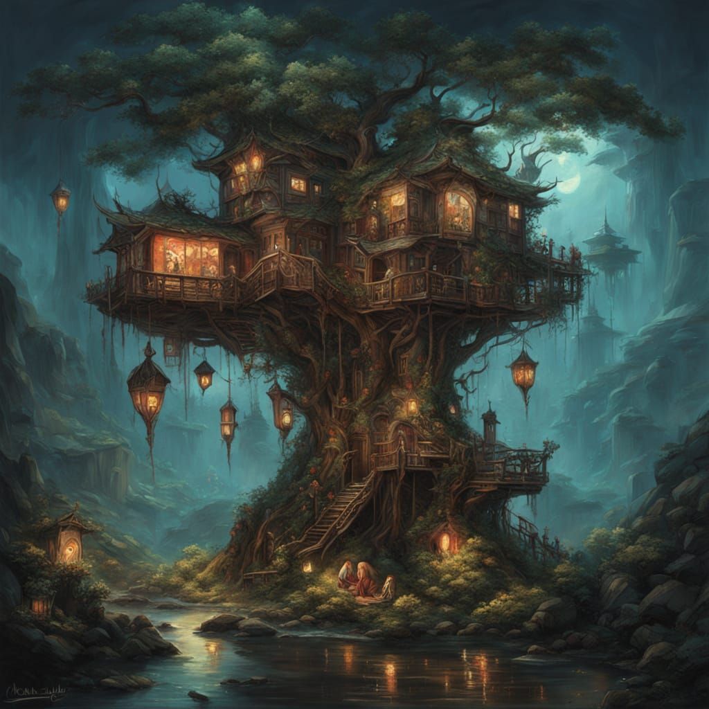 Majestic Treehouse in Alien Fantasy Landscape