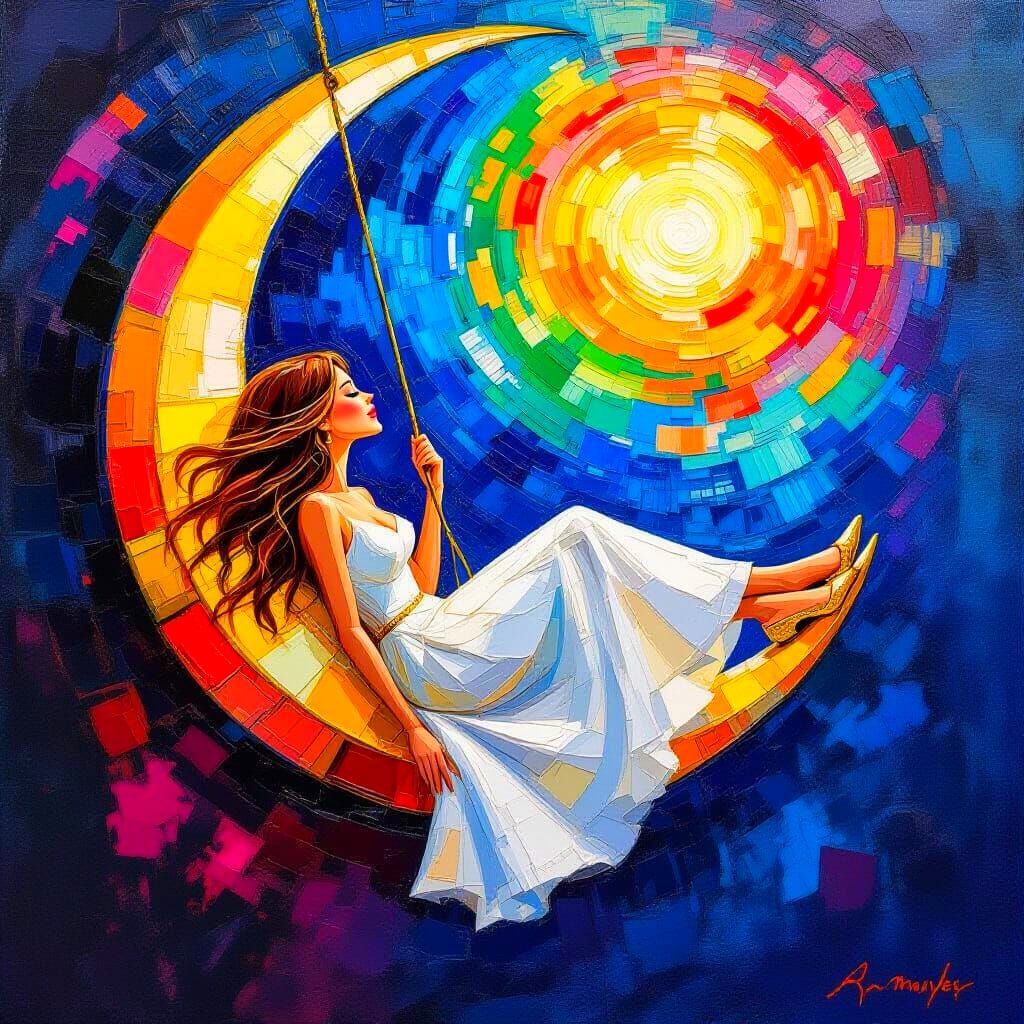 Woman on Moon Swing: Expressionist Oil Painting