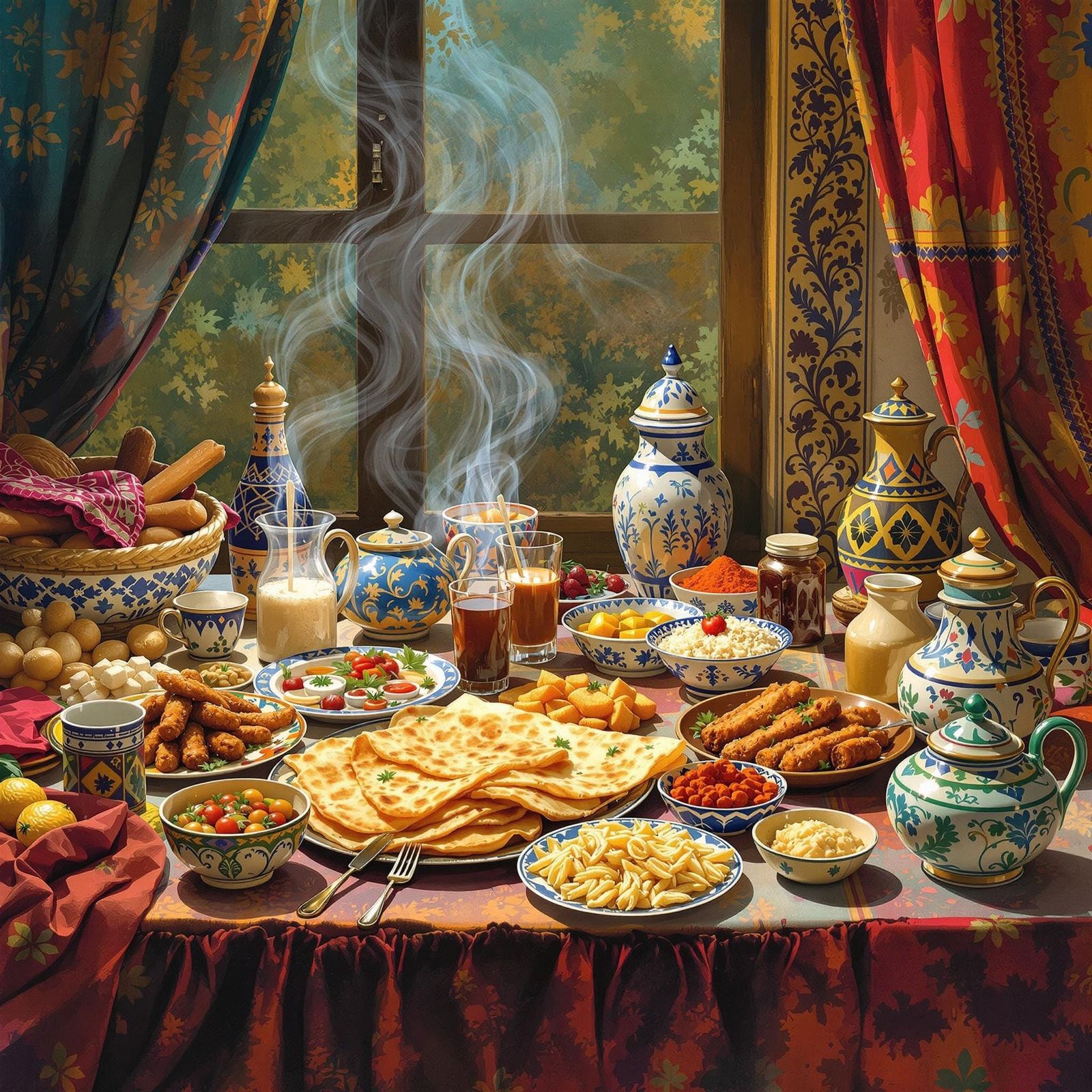 Vibrant Pakistani Breakfast Scene in Folk Art Style