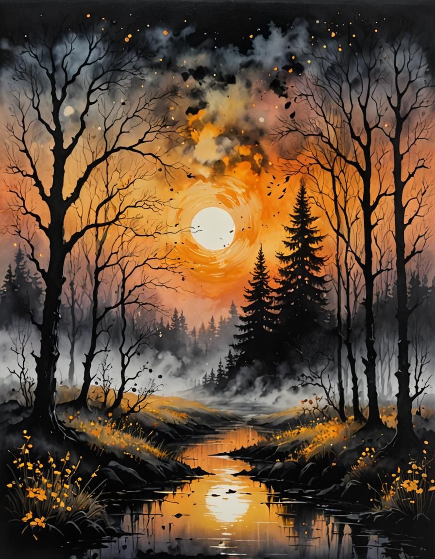 Mystical Twilight in a Whimsical Soot Painting
