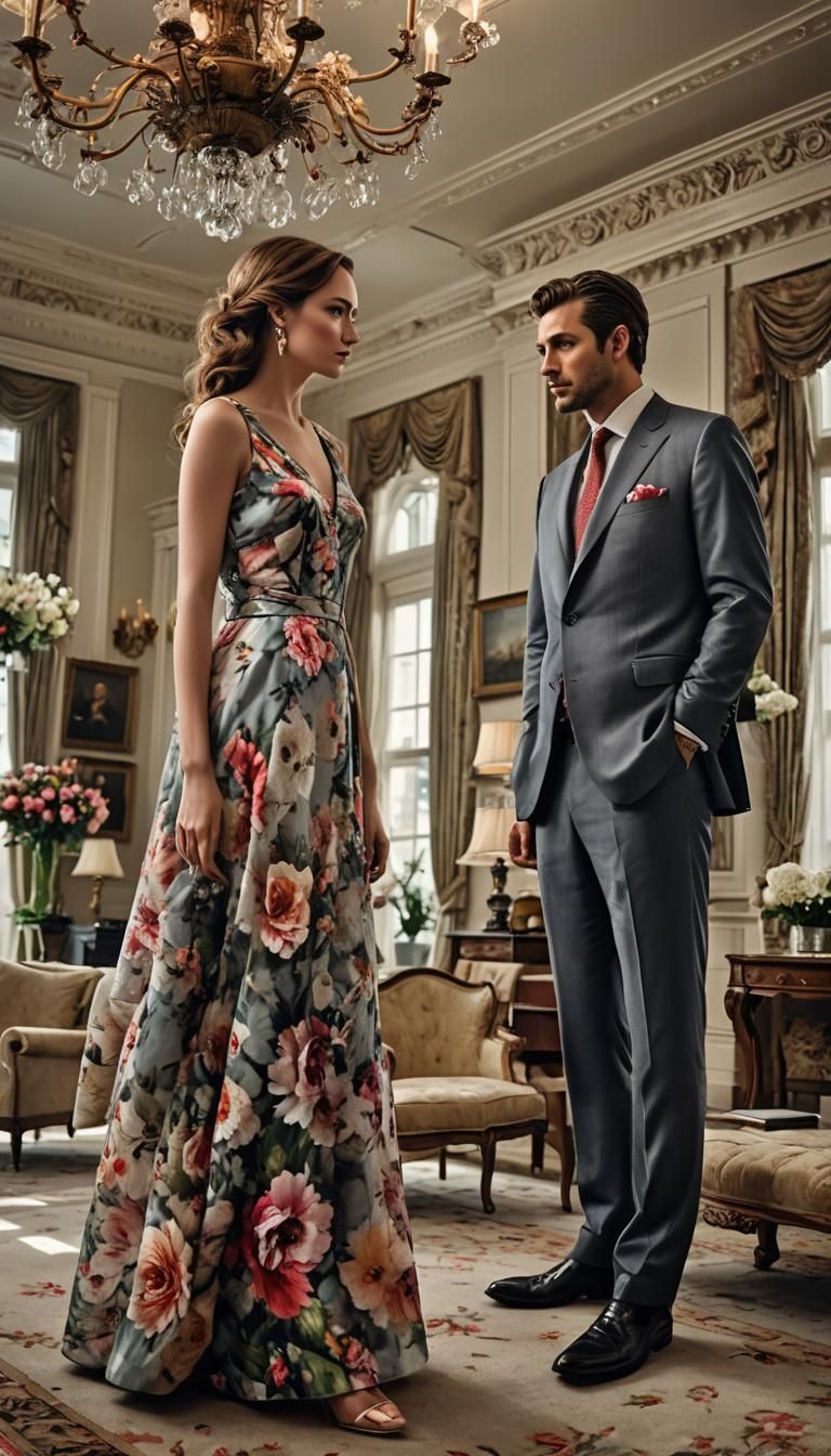 Elegant Lady Discussing with Man in Suit