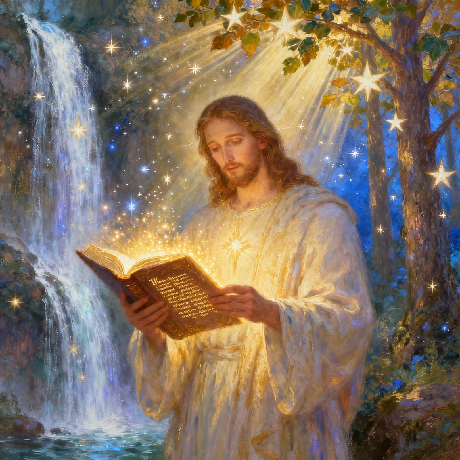 Jesus Reads Glowing Bible Amidst Starlight Waterfalls