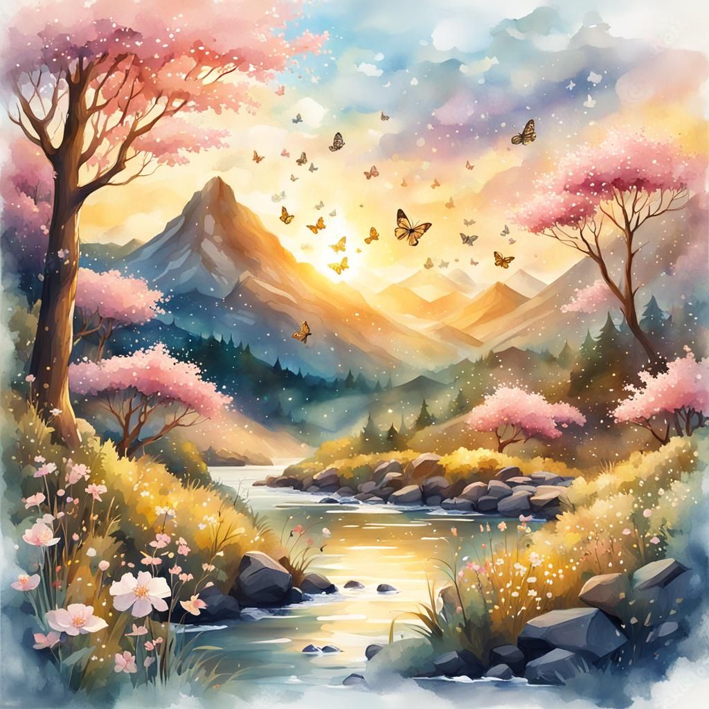 Golden Hour Fantasy Landscape in Watercolor Style
