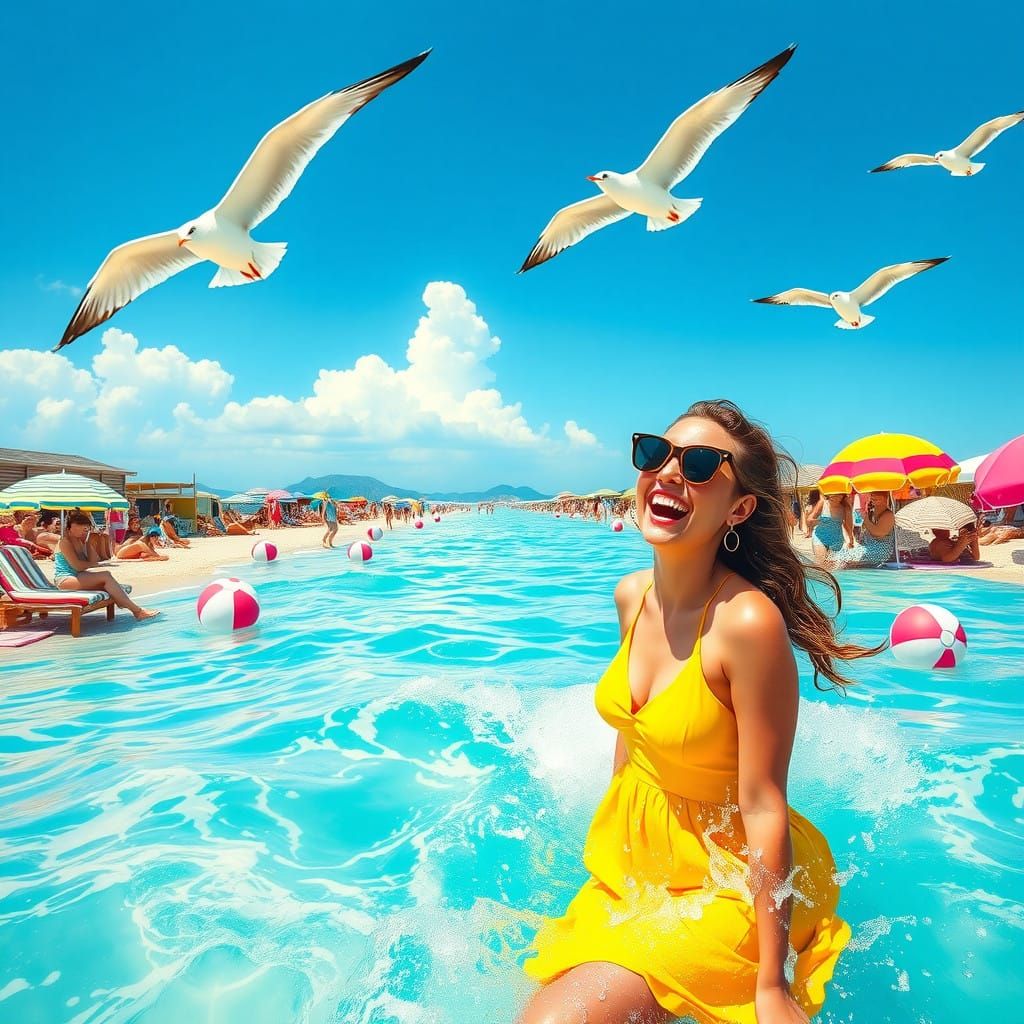 Woman Laughing in Turquoise Waves with Vibrant Beach Umbrell...