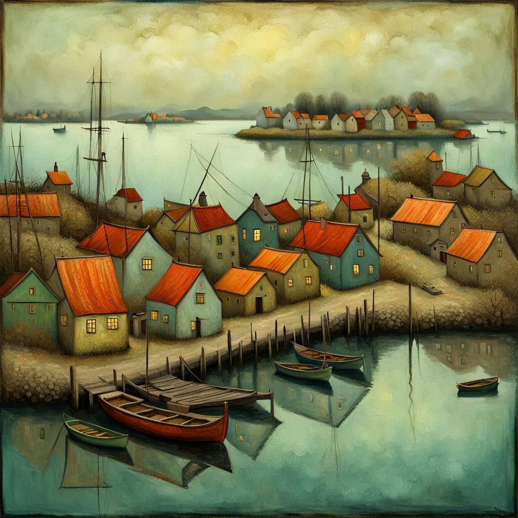 Whimsical Island Village Harbor Art