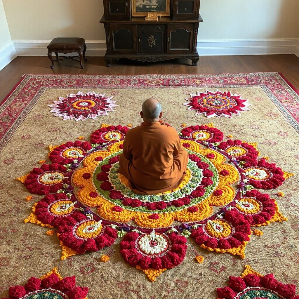 Meditating Monk Amidst Vibrant Rangoli Patterns