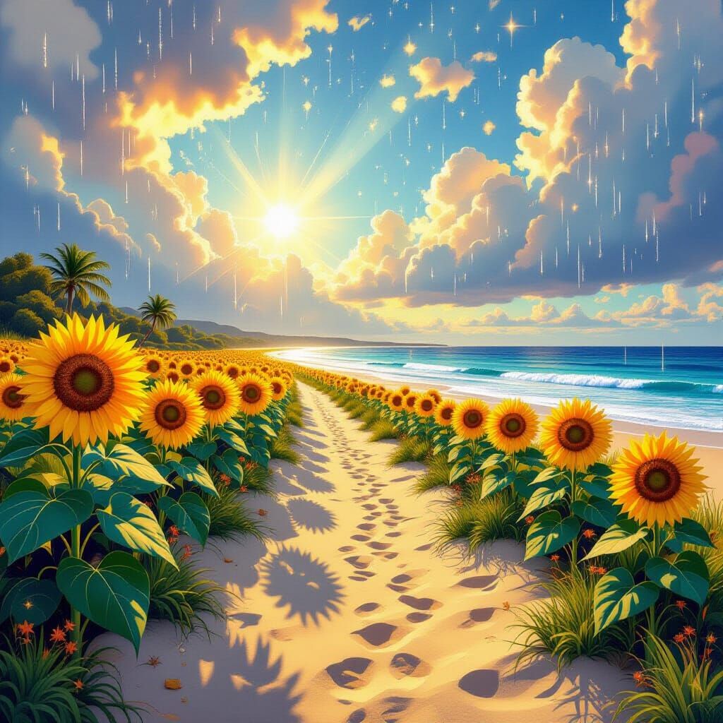 Radiant Sunflowers on Beach in Holographic Illustration