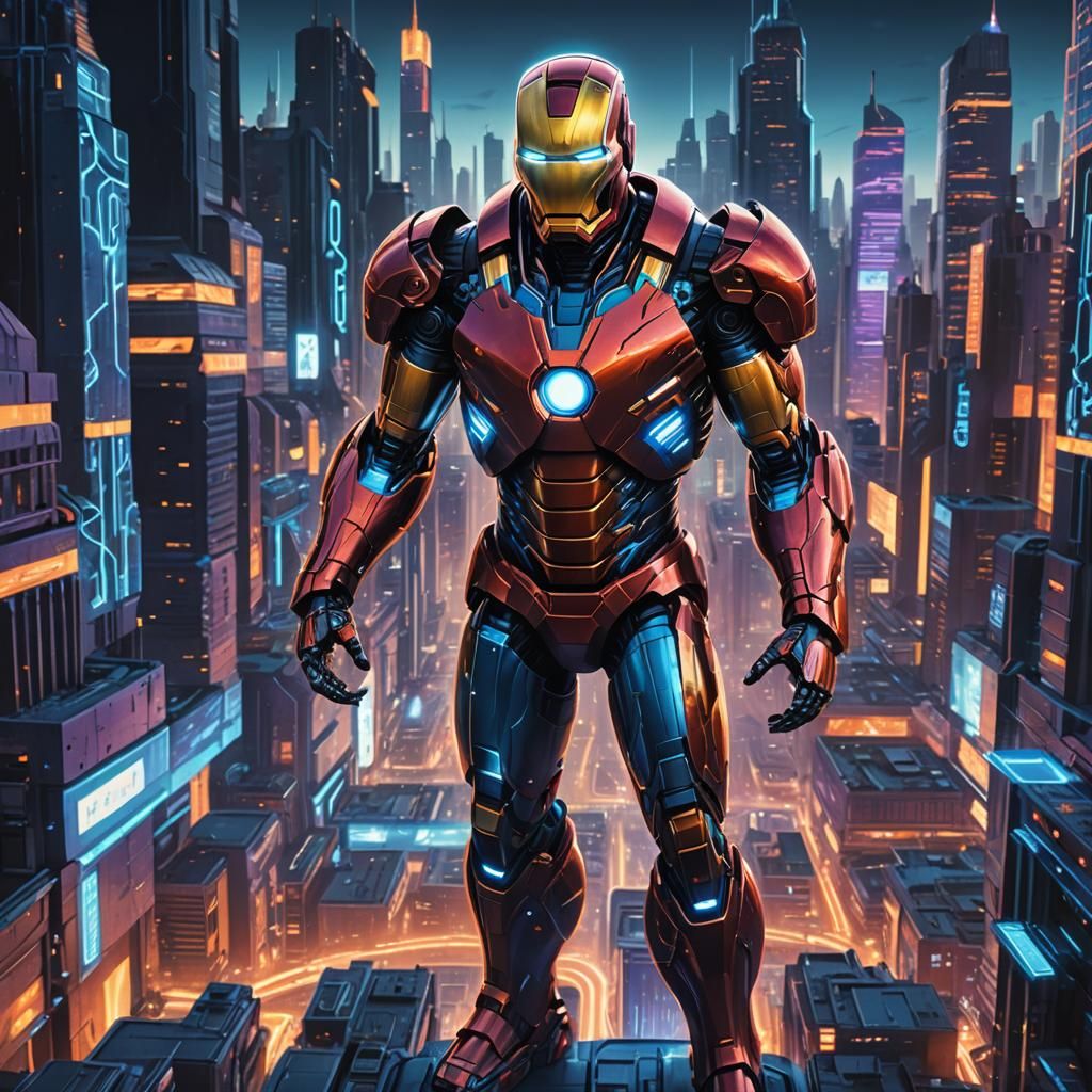 Futuristic Cityscape with Laser Ironman