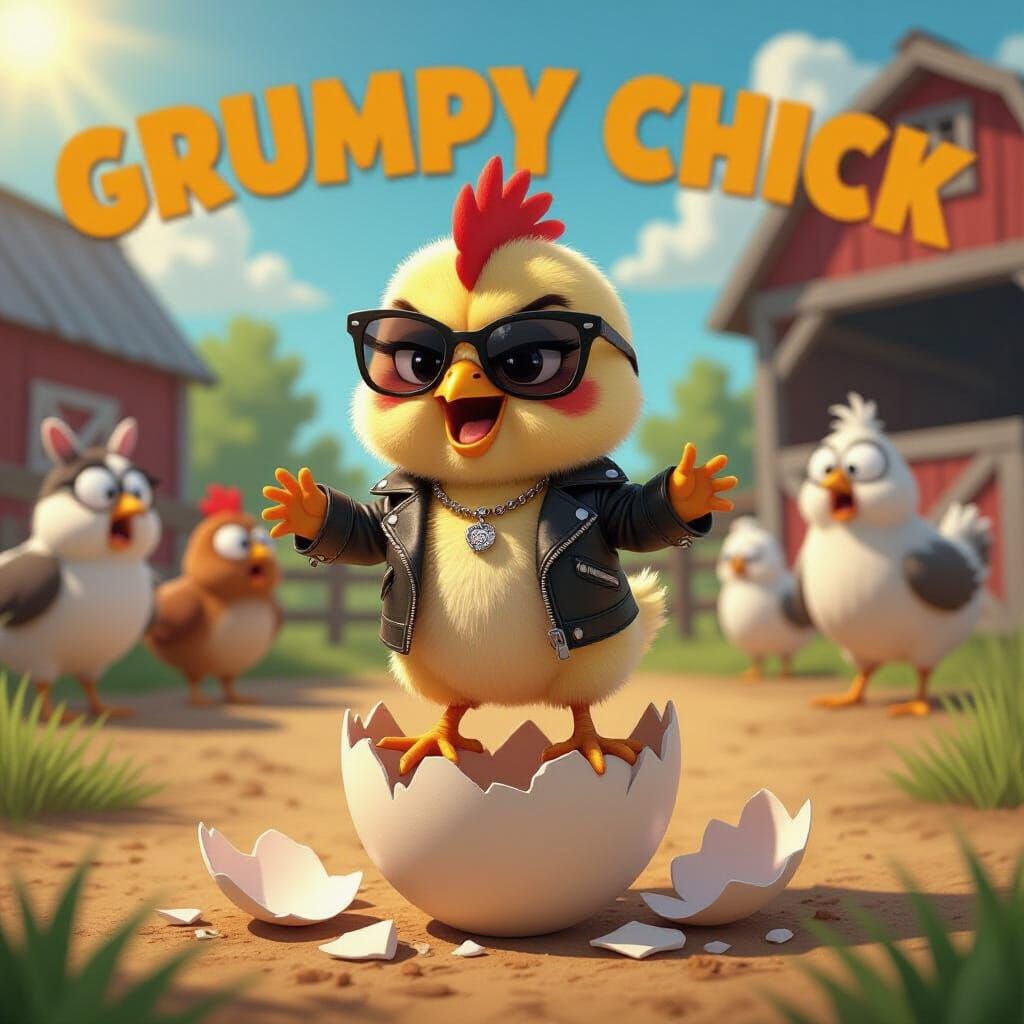 An adorably furious baby chick, known as the "Grumpy Chick", wearing a tiny leather jacket and sunglasses, standing on t...