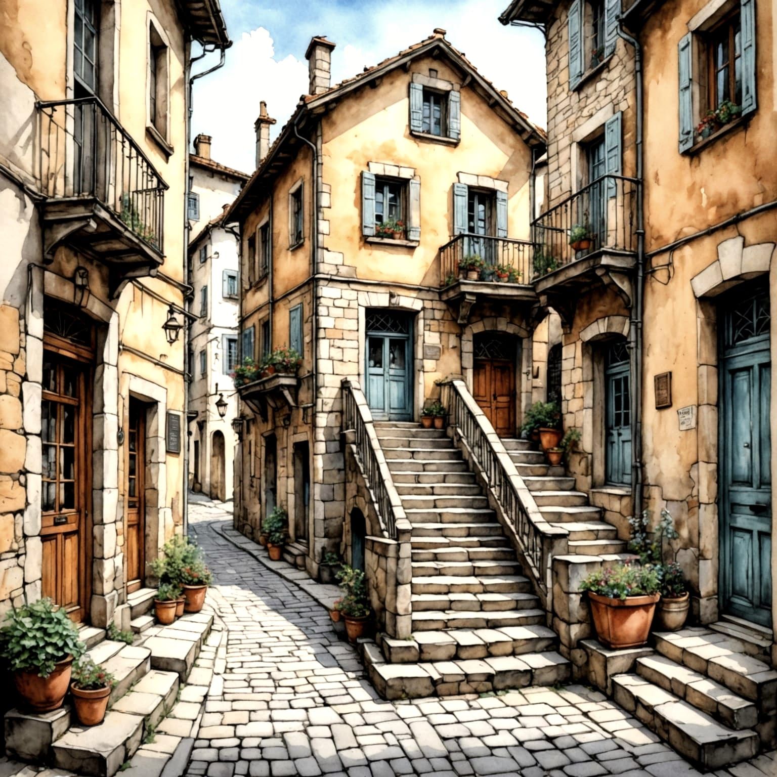 Charming Picturesque Street in Watercolor and Pen