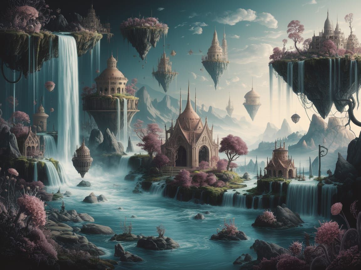 Surreal Dreamscape with Floating Islands and Alien Flora