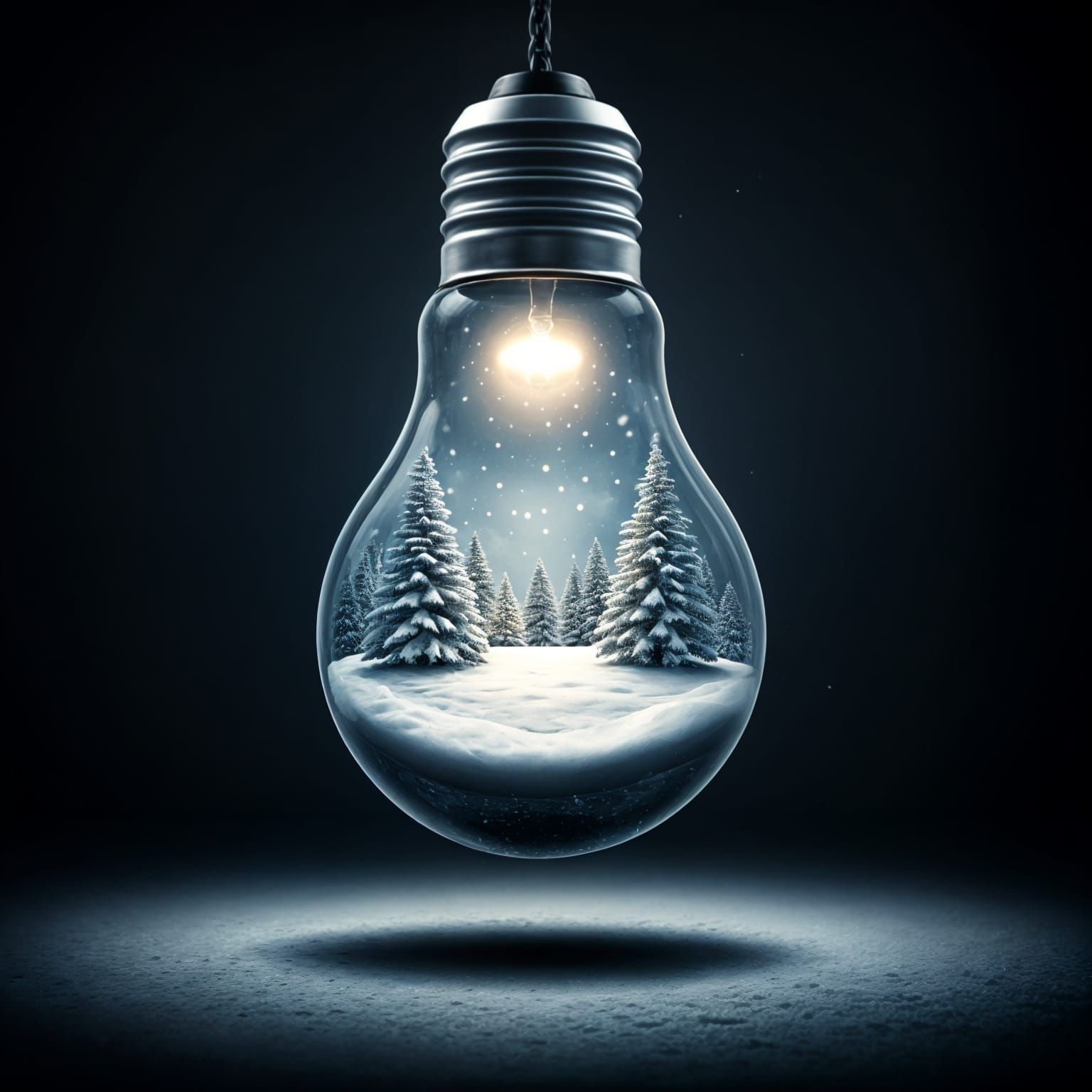 Surreal Winter Scene Illuminated by a Glowing Light Bulb