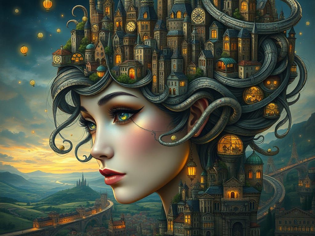 Ethereal Woman in a Dreamlike Metropolis