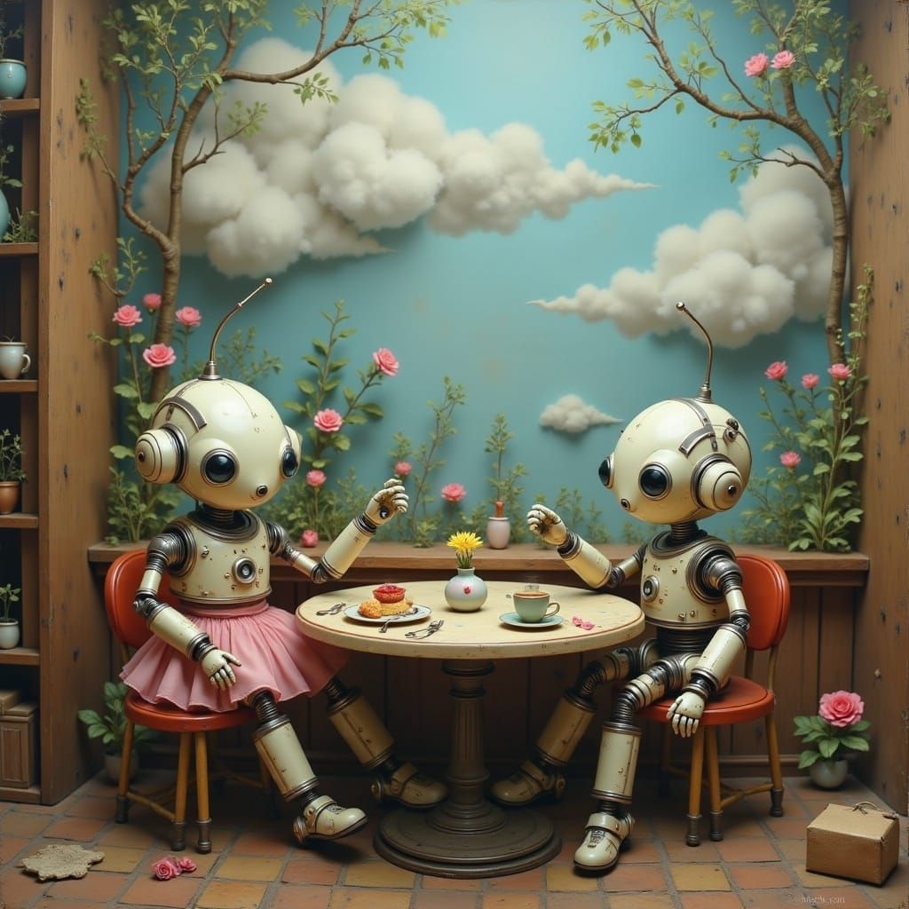 Cute Robots in a Futuristic Space Cafe Setting