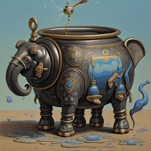 Robot Elephants and Cauldron, Surrealist Art