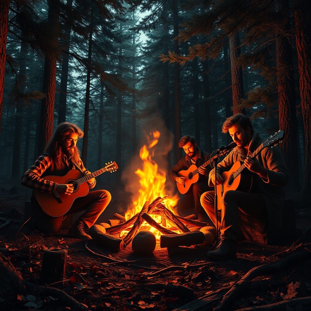 Musicians Gather Around Roaring Fire in Art Nouveau Style