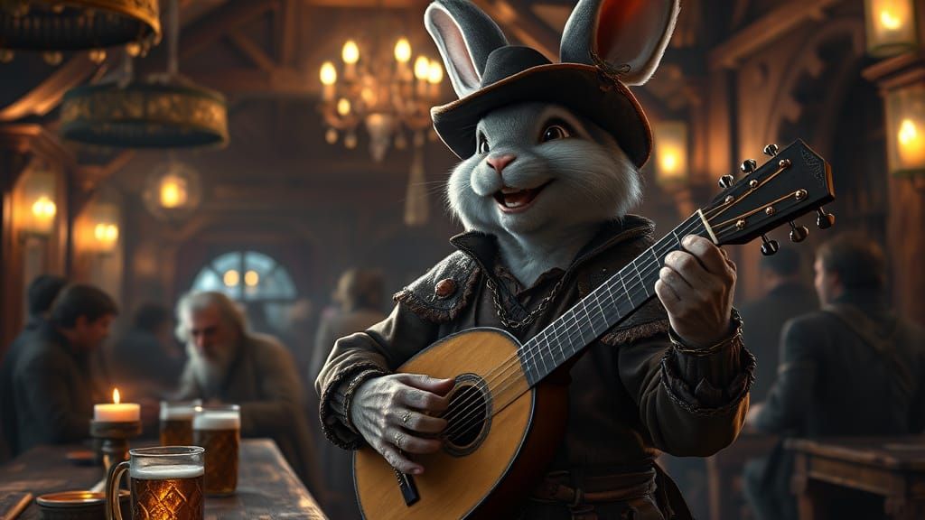 Medieval Bunny Bard in Tavern: Dark Fantasy Concept Art