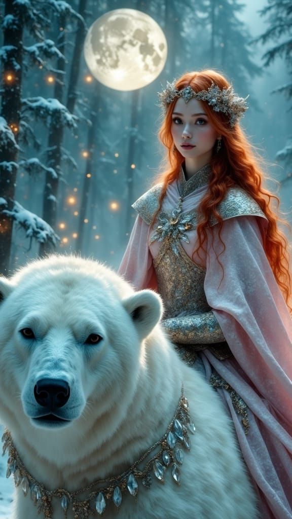 Ethereal Woman Rides Majestic Polar Bear Under Northern Ligh...