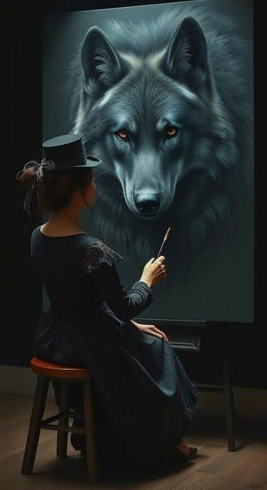 Victorian Woman Paints a Wolf Portrait in Tenebrism