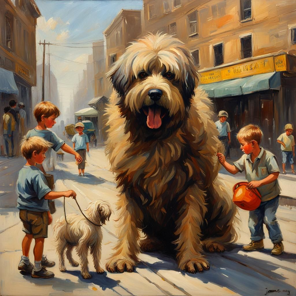 Shaggy Dog Teased by Boys, Oil Painting