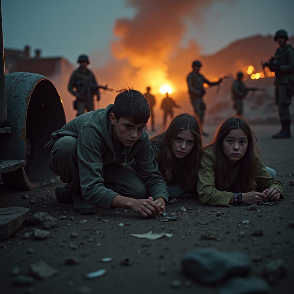 Teenagers in Apocalyptic Military Camp, Cinematic Style