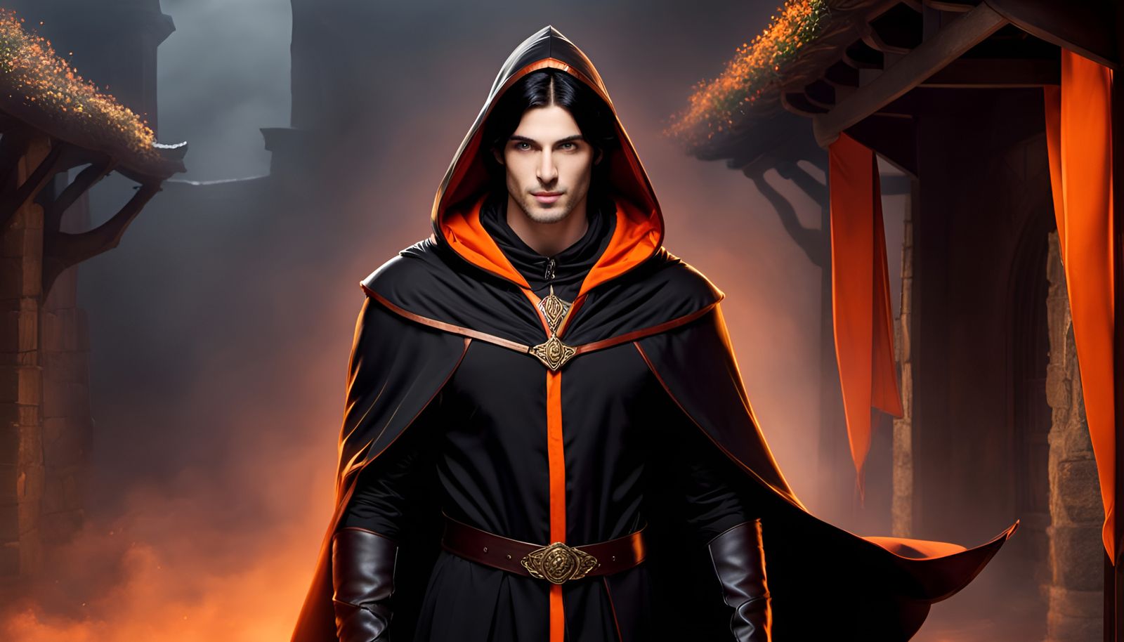 Medieval Noble in Black and Orange Cloak
