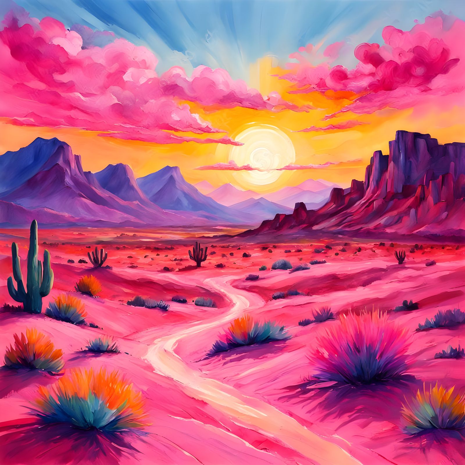 Vibrant Desert Landscape in Gouache Masterpiece Style