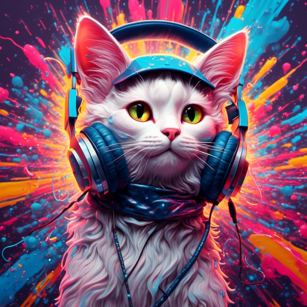 Holographic Cat Graffiti Art with Cassette Player