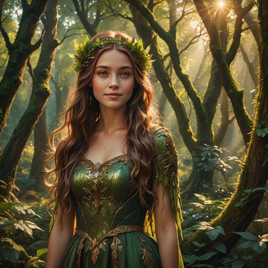 Mystical Half-Elf Fairy in Forest: Digital Matte Painting