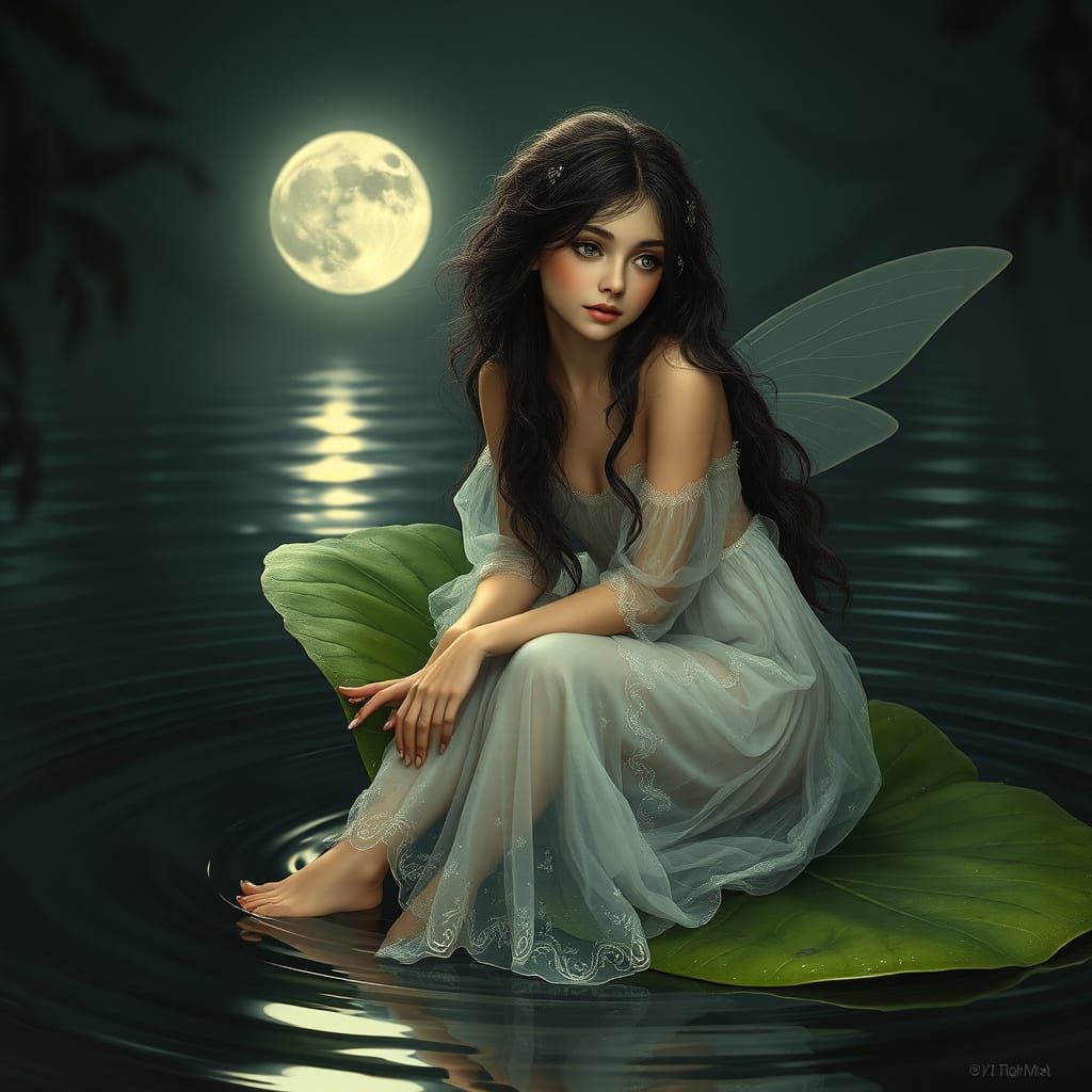 Enchanted Moonlit Fairy on a Lush Leaf