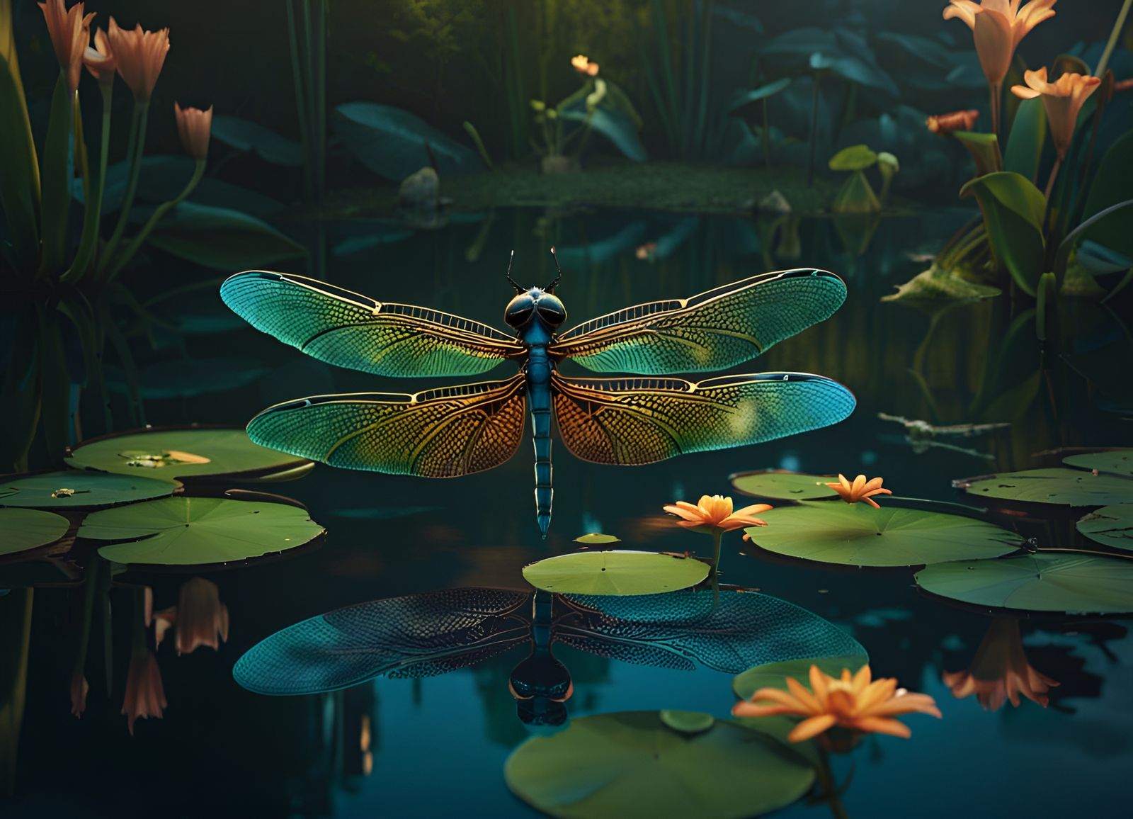 Dragonfly Flight Over Lily Pond: Detailed Matte Painting