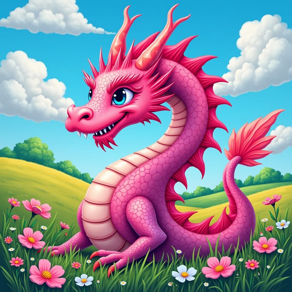 Vibrant Pink Dragon in Lush Plains, Graffiti Art