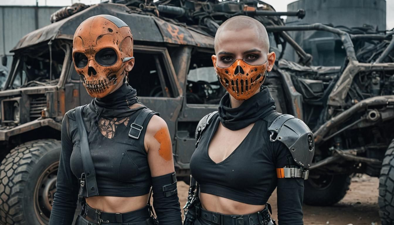 Post-Apocalyptic Girl with Skull Mask and Cyberpunk Vehicle