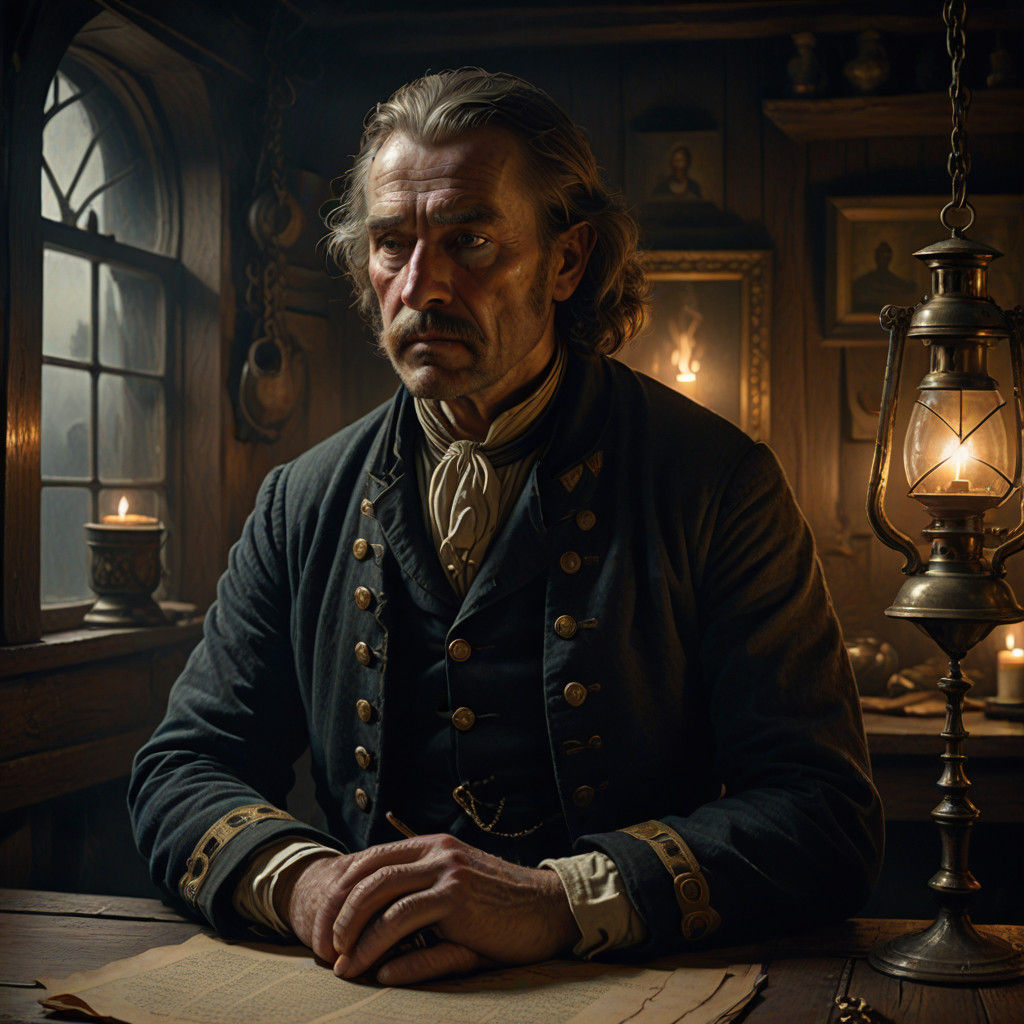 Ethereal Dutch Merchant Captain in 17th Century Ship's Cabin